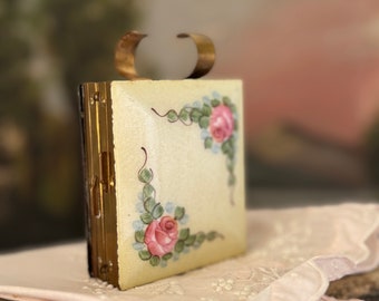 Antique floral enamel and brass powder makeup compact hand painted flowers square double sided w/ lipstick holder 3x2.5”