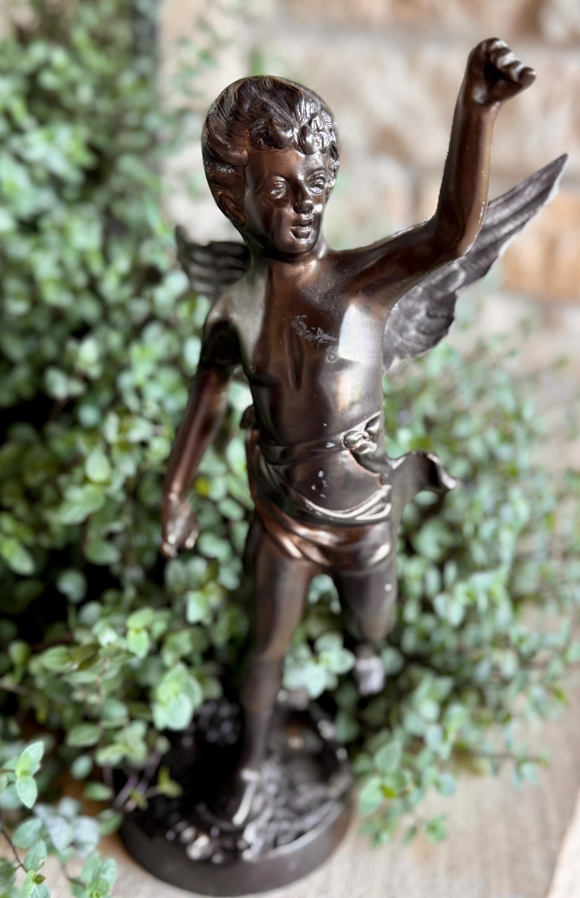 Antike 12-Zoll-Bronze-geflügelte Engel-Statue auf Sockel detaillierte Skulptur Mitte Jahrhundert Statue oder Buchstütze Vintage Art-Deco-Putti