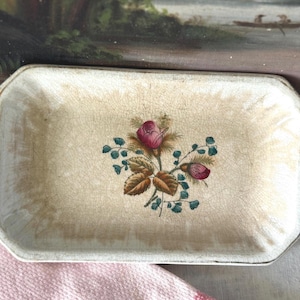 Antique small English ironstone vanity tray  with scalloped edges pink moss rose crazing and tea staining Alfred Meakin Royal ironstone