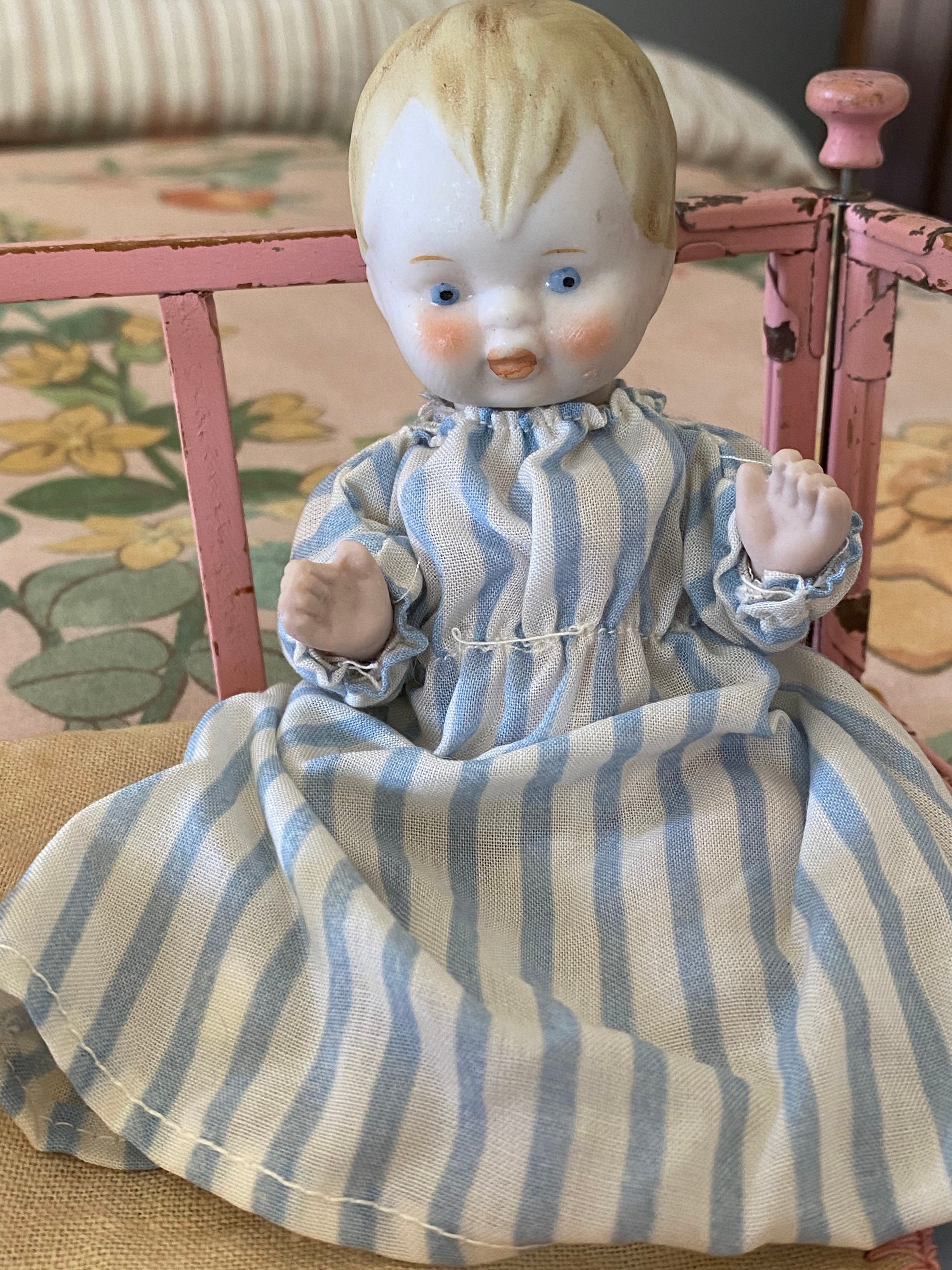 Antique Shackman bisque baby doll in striped nightie Etsy