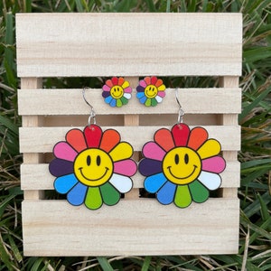 Smiley Face Rainbow Flower Earrings