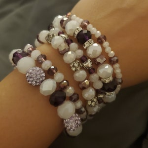 White and Purple Glass Beaded Bracelets set of 6