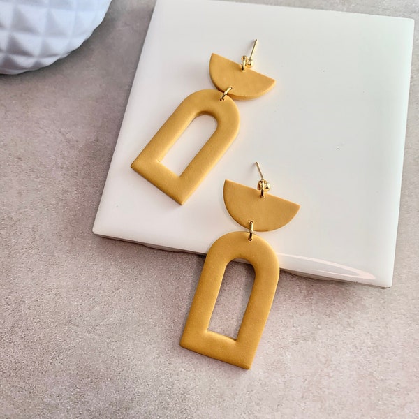 Clay arch earrings | mustard yellow earrings handmade | polymer clay neutral earrings | clay dangle earrings | handmade earrings