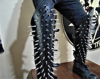BETHLEHEM   Pair of Spiked Genuine Leather Shin Guards Black Metal