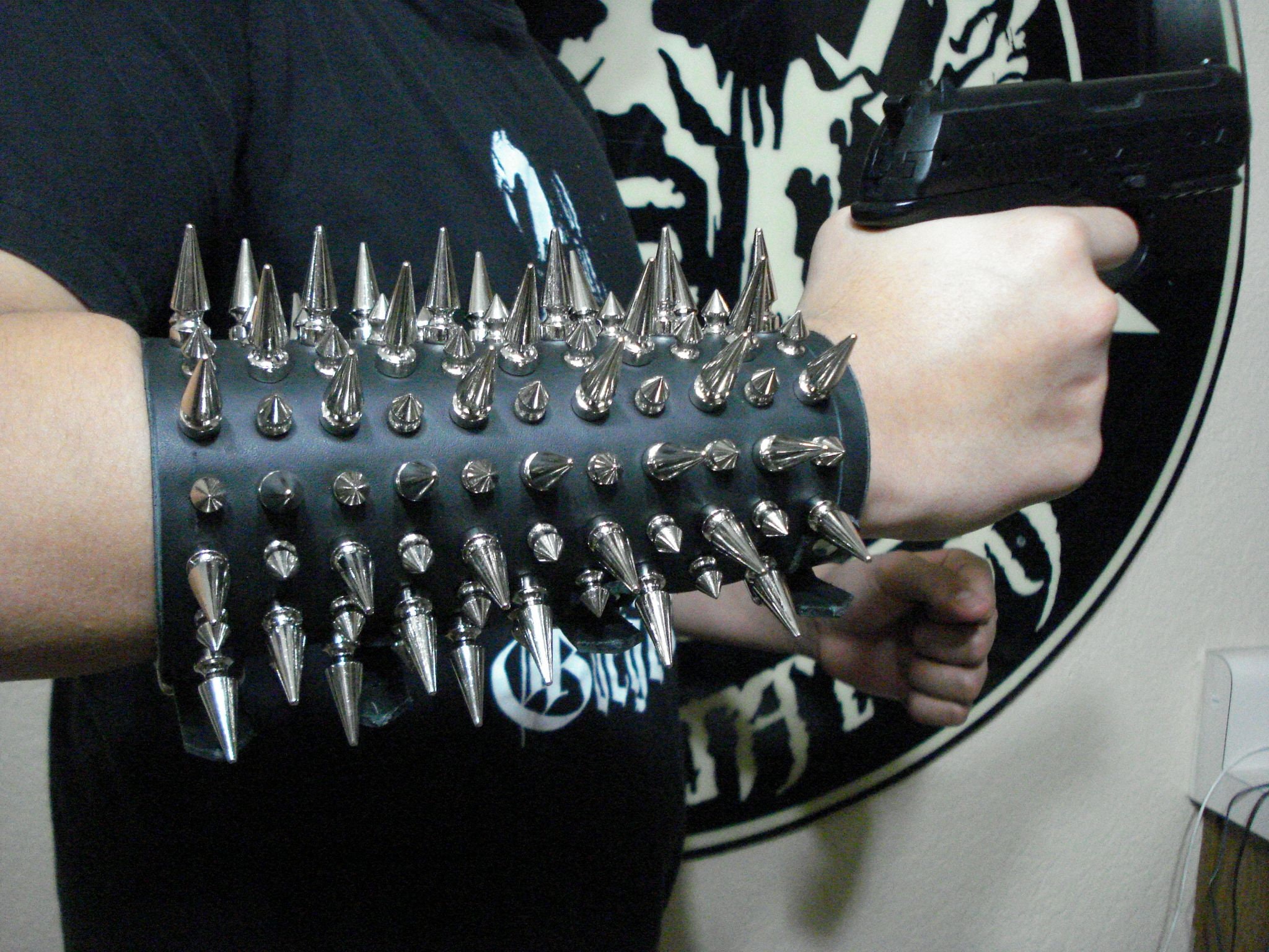 HELLHAMMER Old School Mixed Spiked Leather Gauntlet Black Metal