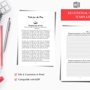May include: A devotional word template with a red header. The template includes pages with lined sections for scripture and notes. Text includes "Title for the Day" and "Scripture for the day". The template is editable in Word and compatible with KDP.