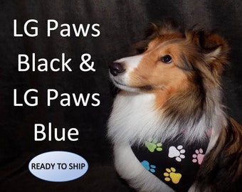 Reversible Lg Paws Black & Lg Paws Blue Dog Bandana, Over the Collar, Year Round Dog Bandana, Slides on Collar, Puppy Bandana, Cat Bandana