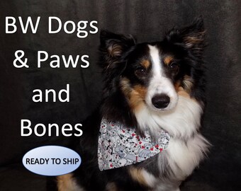 Reversible BW Dogs & Paws and Bones Dog Bandana, Over the Collar, Year Round Dog Bandana, Slides on Collar, Puppy Bandana, Cat Bandana