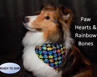 Reversible Paw Hearts & Rainbow Bones Dog Bandana, Over the Collar, Year Round Dog Bandana, Slides on Collar, Puppy Bandana, Cat Bandana