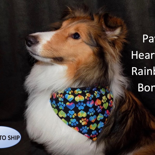 Reversible Paw Hearts & Rainbow Bones Dog Bandana, Over the Collar, Year Round Dog Bandana, Slides on Collar, Puppy Bandana, Cat Bandana