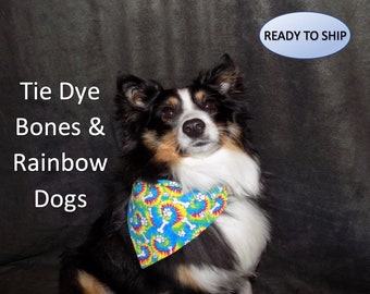 Reversible Tie Die Bones & Rainbow Dogs Dog Bandana, Over the Collar, Year Round Dog Bandana, Slides on Collar, Puppy Bandana, Cat Bandana