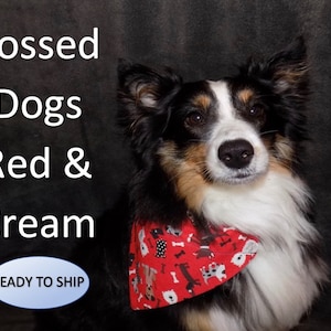 Reversible Tossed Dogs Red & Cream Dog Bandana, Over the Collar, Year Round Dog Bandana, Slides on Collar, Puppy Bandana, Cat Bandana