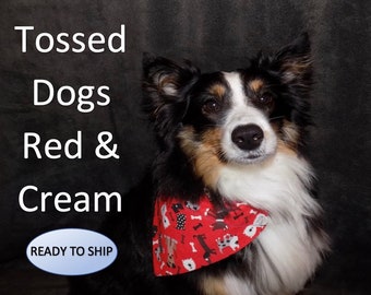 Reversible Tossed Dogs Red & Cream Dog Bandana, Over the Collar, Year Round Dog Bandana, Slides on Collar, Puppy Bandana, Cat Bandana