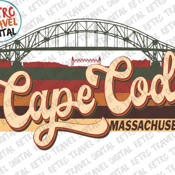 Vintage Cape Cod Bourne Bridge Massachusetts Sublimation Design, Retro, Vintage, Distressed, Grunge, Retro Stripe, Digital Download, PNG