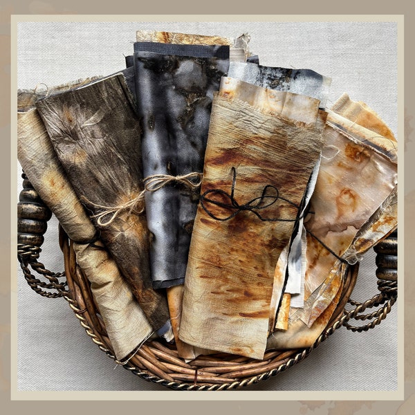 Naturally Dyed Fabric Bundles ~ Hand Dyed + Rust Printed ~  Slow Stitch, BORO/ Visible Mending , Quilting, Sm Sewing Projects, Textile Art,