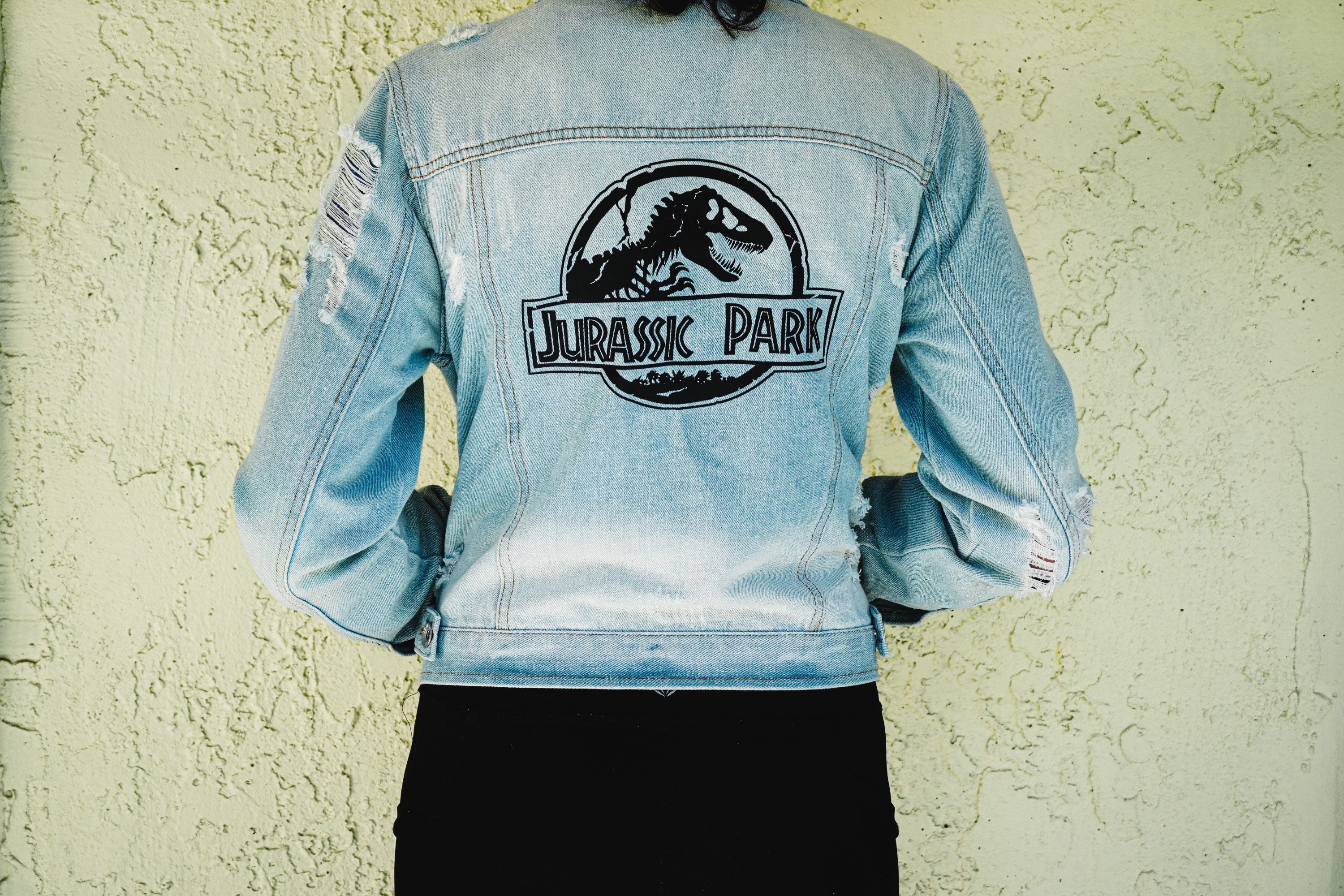 Hand Painted and Embroidered Jurassic Park Denim Jacket 