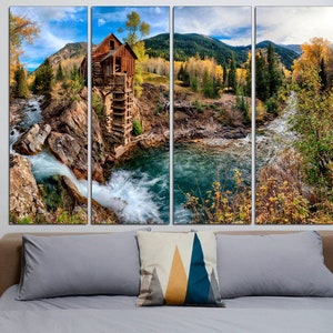 Forest house art Lake art print Landscape wall art Mountains canvas print Landscape art decor Waterfall canvas art Extra large nature print