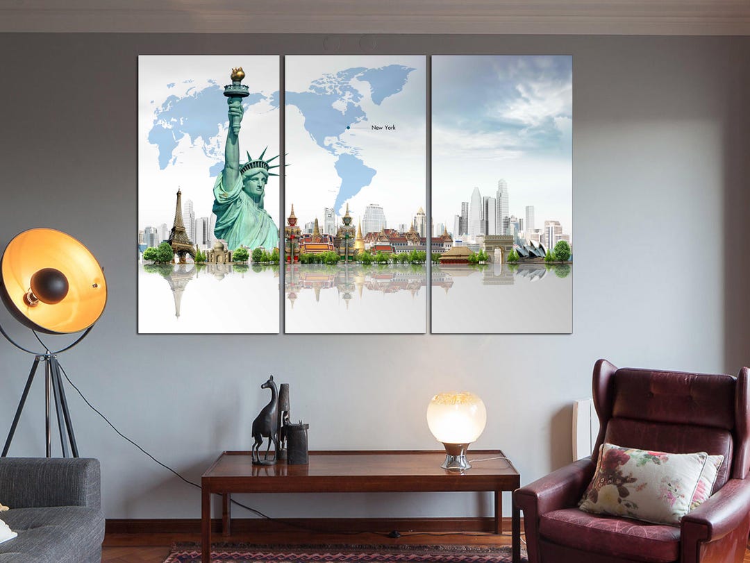 Statues World Map Statue of Liberty Art World Map Wall Art - Etsy