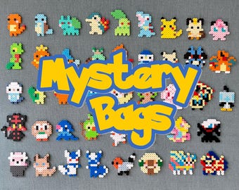May include: A collection of colorful pixel art characters, each representing a different Pokemon. The characters are made of small plastic beads and are arranged in rows on a gray fabric background. The words "Mystery Bags" are written in large yellow letters on a blue background in the center of the image.