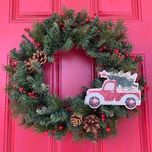 Christmas Wreath ~ Front Door Red Truck Christmas Wreath Winter Wreath Holiday Dark Red Berry Pinecones Farmhouse Country Rustic Door Decor