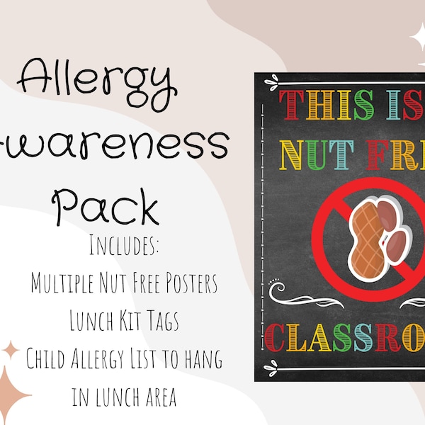 Allergy Awareness Pack for Daycares, Prschools, Home Daycares, Childcare Centers or schools | Peanut Allergy | Nut Free Classroom Posters