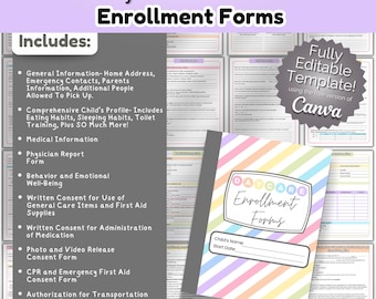 May include: A set of daycare enrollment forms with a rainbow striped cover. The forms include general information, medical information, consent forms, and more. The text "Daycare Enrollment Forms" is on the cover. The text "Fully Editable Template! Using the free version of Canva" is on the cover.