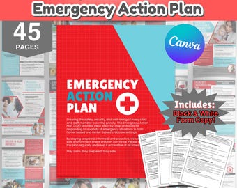 Puede incluir: Plantilla de plan de acción de emergencia para guarderías con diseño rojo y azul. El título "Emergency Action Plan" se muestra con un símbolo de cruz médica. Incluye 45 páginas y una copia de formulario en blanco y negro.