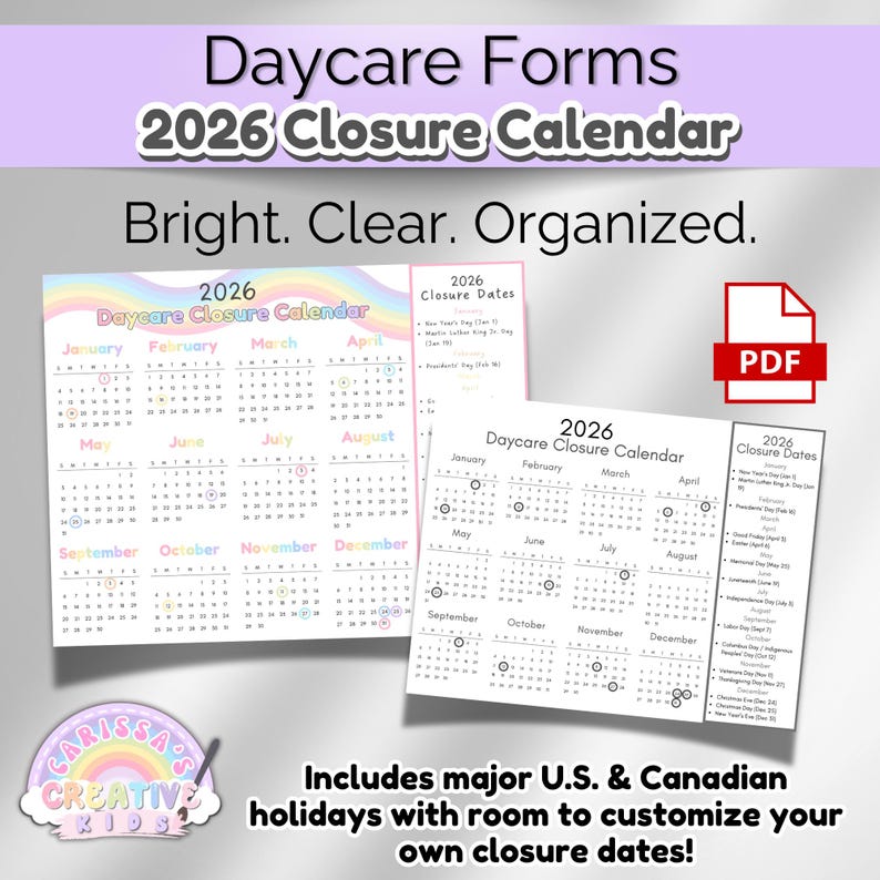 Editable 2026 Daycare Closure Calendar Template | One Page PDF ...