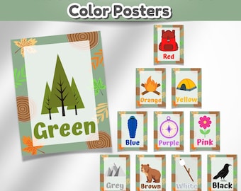 Outdoors Camping Themed Classroom Color Posters Decor | Daycare Playroom Wall Art Printables | Preschool Color Posters | Camp Kids Theme