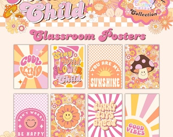Retro Groovy Klassenzimmer Dekor Poster | Boho Retro Klassenzimmer Thema | Spielzimmer Dekor Pinnwand | Lernposter für Kinder