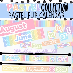 Puede incluir: Calendario de volteo pastel con rayas de arcoíris coloridas y lunares. El calendario incluye meses como agosto, junio, abril y septiembre. También incluye días de la semana como martes, domingo, viernes y miércoles. El texto "2 Fun Designs Included!" está en el calendario.