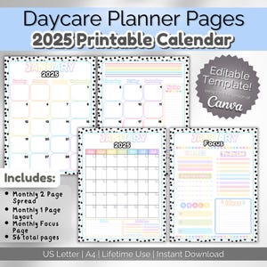Calendário mensal para impressão 2025 | Pasta de planejador para professores de creche | Planejador de educação domiciliar | Formulários para creche | Tamanhos carta e A4 dos EUA | Pastel