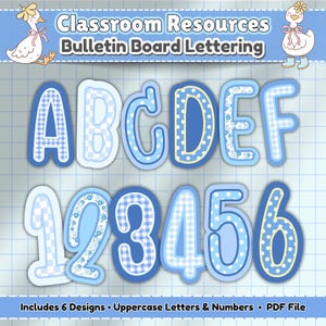Letras e números para quadro de avisos | Tema de decoração para sala de aula Silly Goose | Decoração para creche para imprimir | Xadrez azul | Sala de aula com inspiração vintage
