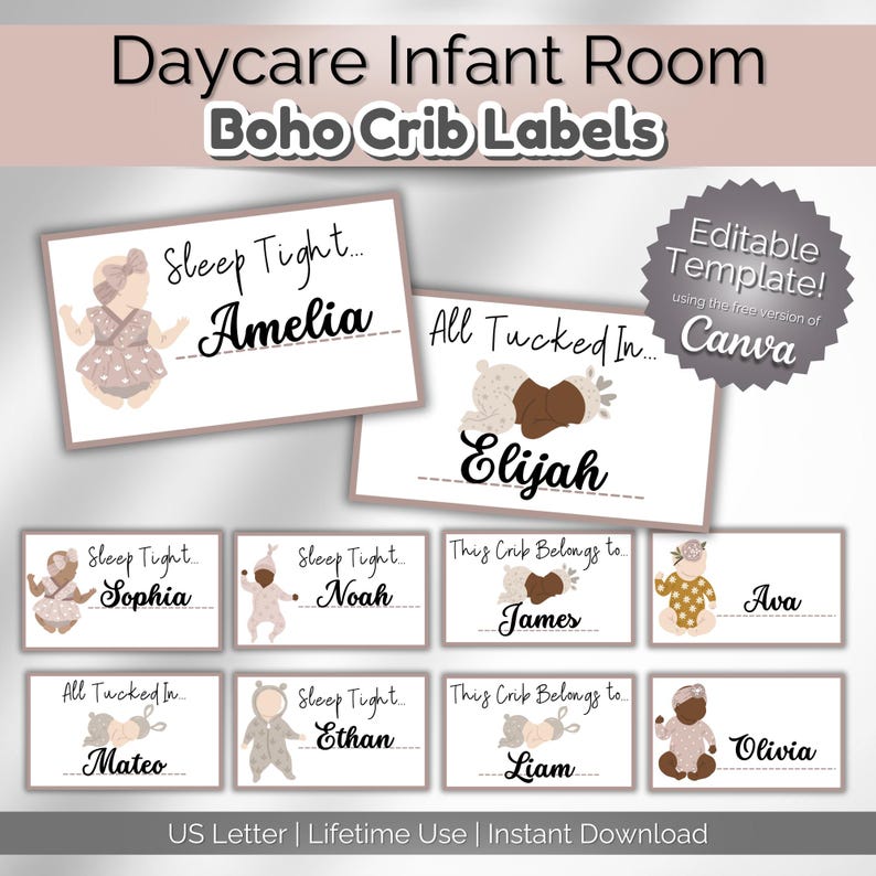 Boho Daycare Crib Labels Infant Classroom Printables Template | Name ...