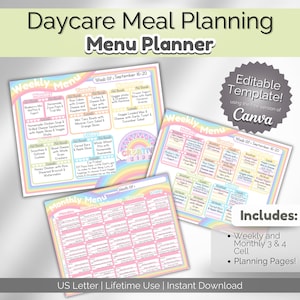 Kit complet de planification de repas en garderie | Menus hebdomadaires et mensuels, recettes, suivi des stocks | Ensemble de modèles de menus | Pages de planification de la garde d'enfants