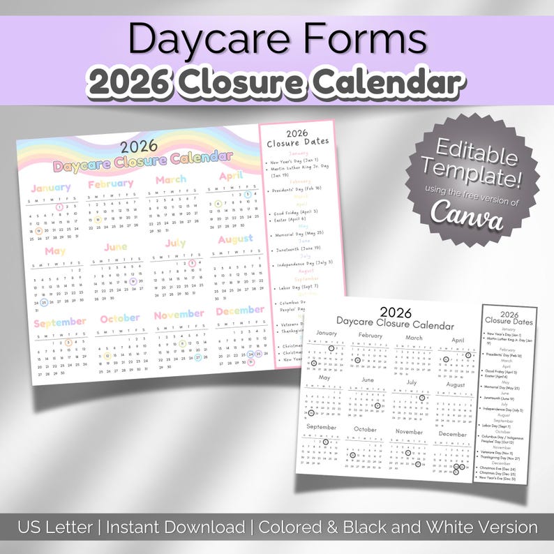 Editable 2026 Daycare Closure Calendar Template | One Page PDF ...
