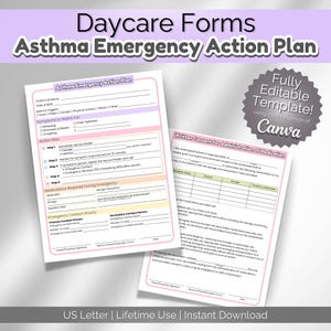 May include: Printable daycare forms for an asthma emergency action plan and written consent for medication administration. The forms are fully editable using Canva and feature pink and white accents.