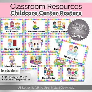 Center Signs for Daycare or Preschool classrooms | 31 PDF Printable Posters | Daycare Organizing Labels | Childcare Classroom Decor