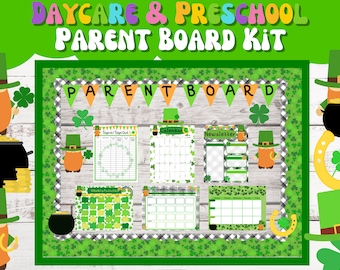 Pode incluir: Um kit de quadro de pais verde e branco com tema do Dia de São Patrício. O kit inclui uma folha de entrada/saída, um calendário, um boletim informativo, atividades semanais e um planejador de refeições semanal. O quadro é decorado com trevos, duendes e moedas de ouro.