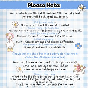 Digital download notice for Carissa’s Creative Kids products explaining PDF format, printing size, personal-use terms, and contact info, with reminders about color variation and no physical product being shipped—displayed with pastel gingham and flower illustrations.