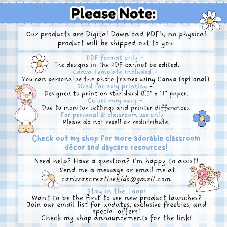 Digital download notice for Carissa’s Creative Kids products explaining PDF format, printing size, personal-use terms, and contact info, with reminders about color variation and no physical product being shipped—displayed with pastel gingham and flower illustrations.