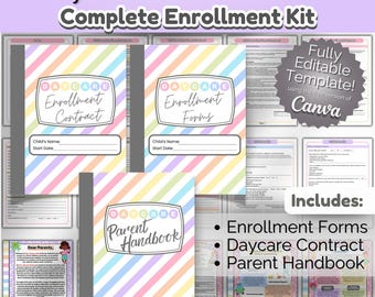 Könnte beinhalten: Ein komplettes Kit für die Anmeldung in der Kindertagesstätte mit Formularen, Verträgen und einem Elternhandbuch. Die Umschläge haben ein pastellfarbenes, diagonal gestreiftes Design. Das Kit enthält editierbare Vorlagen mit Canva.