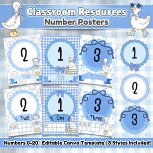 May include: A collection of blue and white number posters for classroom use. Each poster features a large number, its corresponding word, and a cute duck illustration. The posters are designed with a decorative border and ribbon accents. The text "Classroom Resources Number Posters" is at the top.