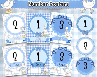 May include: A collection of blue and white number posters for classroom use. Each poster features a large number, its corresponding word, and a cute duck illustration. The posters are designed with a decorative border and ribbon accents. The text "Classroom Resources Number Posters" is at the top.
