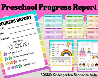 May include: A colorful preschool progress report with sections for name, date, and teacher. Includes star ratings and assessment areas. Also features a bonus kindergarten readiness activity with number and letter recognition.