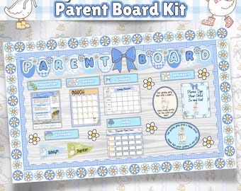 May include: A blue and white parent board kit with a goose theme. The board includes sections for a newsletter, calendar, schedule, reminders, birthdays, and a menu. The board is decorated with daisies and a blue ribbon.