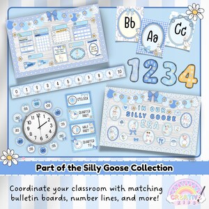 Preview of the Silly Goose classroom collection including bulletin boards, number lines, alphabet posters, calendar set, clock labels, and matching decor in pastel blues and gingham prints.