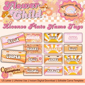 Retro License Plate Classroom Student Name Tags Editable Template | 14 Kids Desk Name Plate School Labels Groovy Boho Classroom Decor Theme