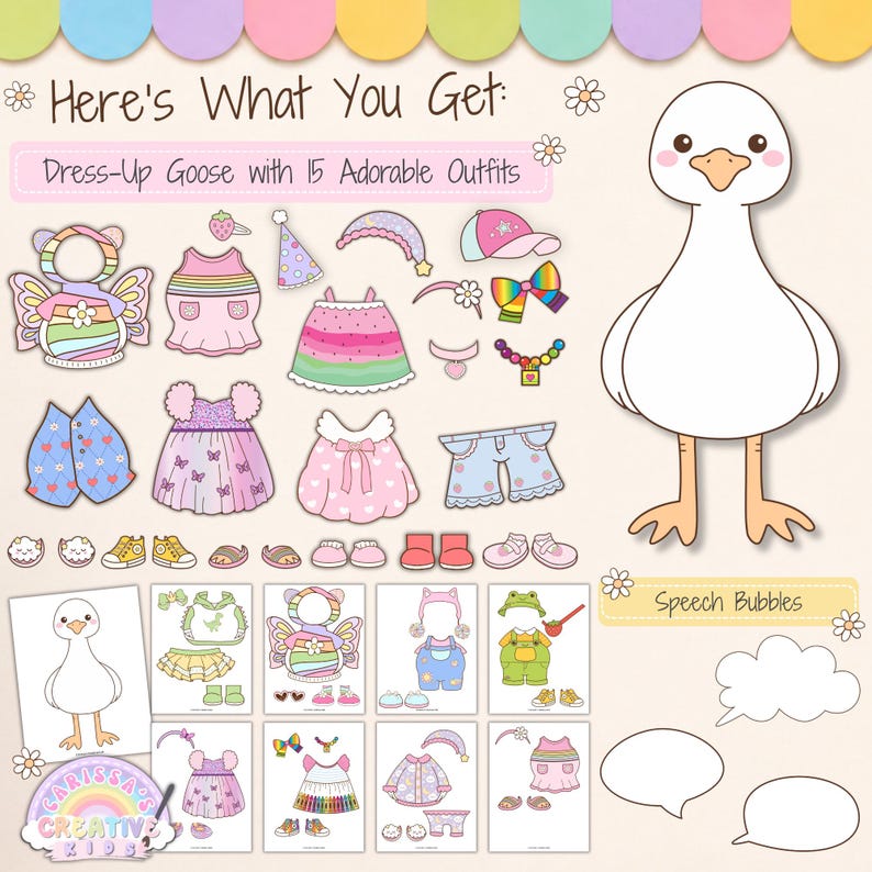 What’s included in the printable Classroom Goose class decor bundle featuring a porch goose-inspired mascot, 15 dress-up outfits, speech bubbles, and printable classroom decor for kindergarten, back to school, speech therapy rooms, playroom decor, elementary decor, classroom posters, and bulletin board kit displays.