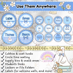 Editable preschool name tags with vintage goose theme, shown in round styles on a pastel floral background. Includes ideas for versatile use: coat hooks, desks, snack areas, lockers, and welcome walls.
